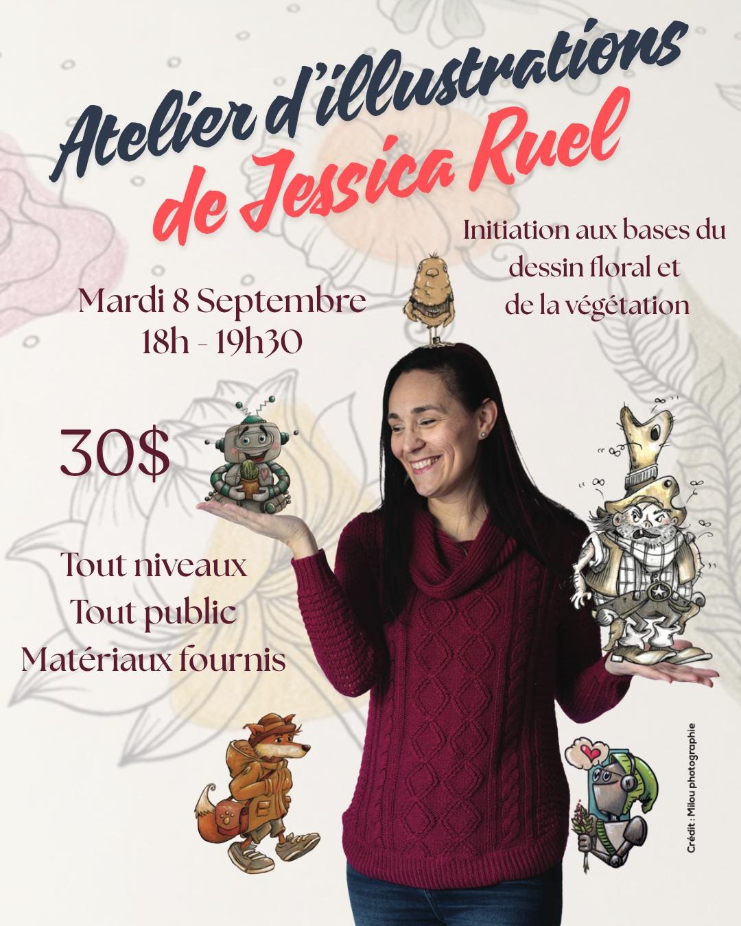 Exemples de dessins floraux réalisés lors des ateliers de Jessica Ruel